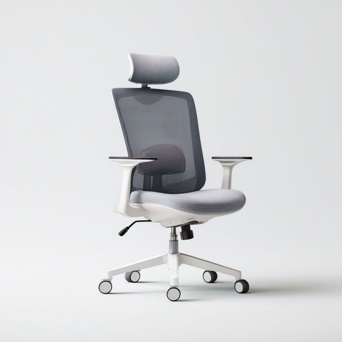 Ergonomischer Bürodrehstuhl mit Kopfstütze, Netzrücken und Armlehnen, Grau/Weiss/Schwarz, 65 x 65 x 115–125 cm