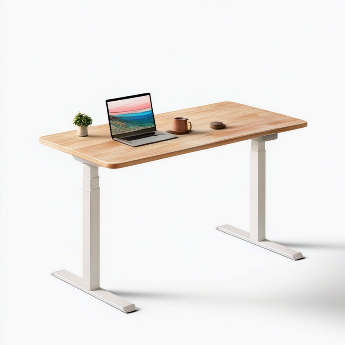 Elektrisch höhenverstellbarer Schreibtisch 140 x 70 cm, Natur/Weiss, MDF und Stahl
