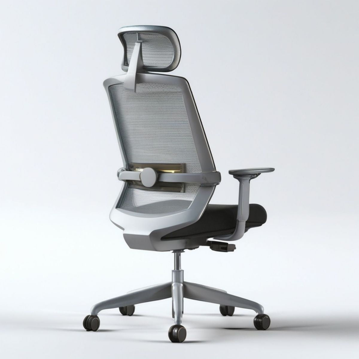 Ergonomischer Bürostuhl mit Netzrückenlehne, Kopfstütze und Armlehnen, Grau/Schwarz, 65 x 65 x 119–129 cm