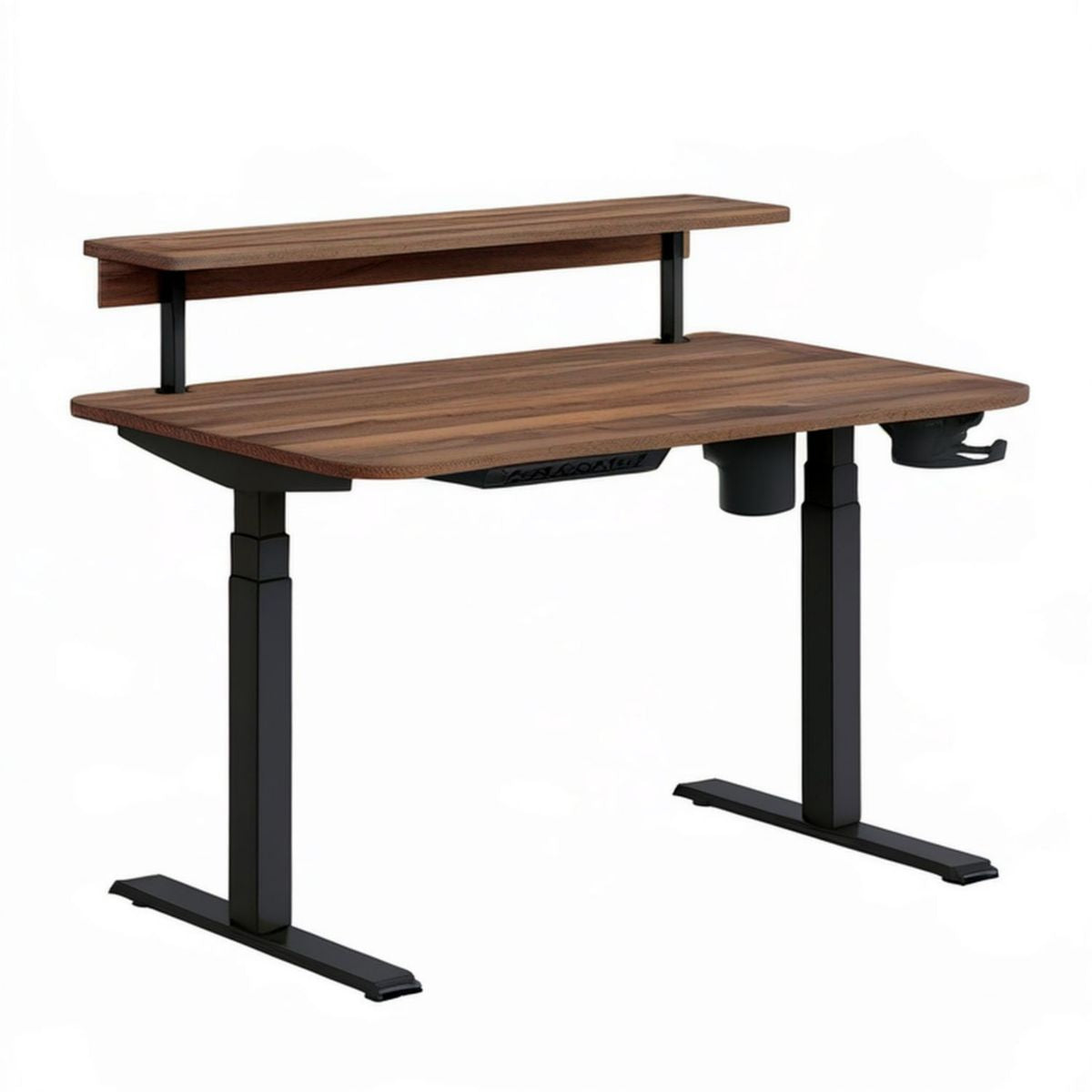 Elektrisch höhenverstellbarer Schreibtisch 120 x 60 cm mit Monitoraufsatz in Walnussbraun/Schwarz
