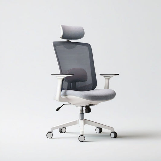 Ergonomischer Bürodrehstuhl mit Kopfstütze, Netzrücken und Armlehnen, Grau/Weiss/Schwarz, 65 x 65 x 115–125 cm